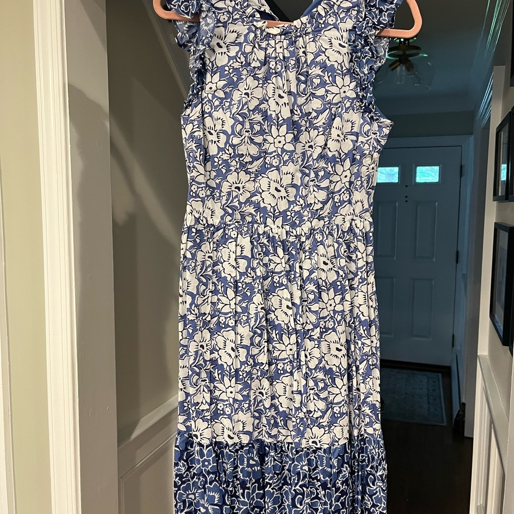 J. Crew Blue and White Tiered Midi Sundress